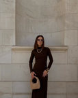 Brown Long Sleeve Ribbed Maxi Dress