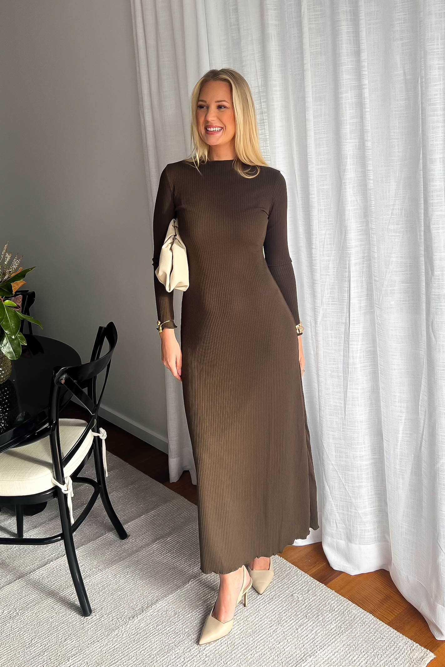 Brown Long Sleeve Ribbed Maxi Dress