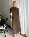 Brown Long Sleeve Ribbed Maxi Dress