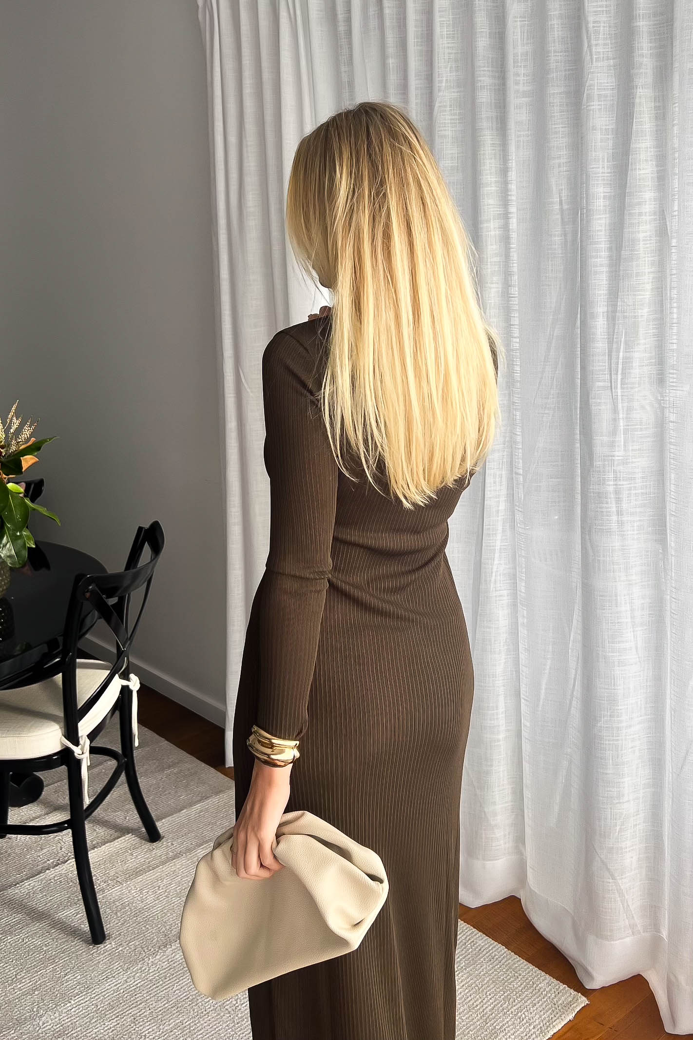 Brown Long Sleeve Ribbed Maxi Dress