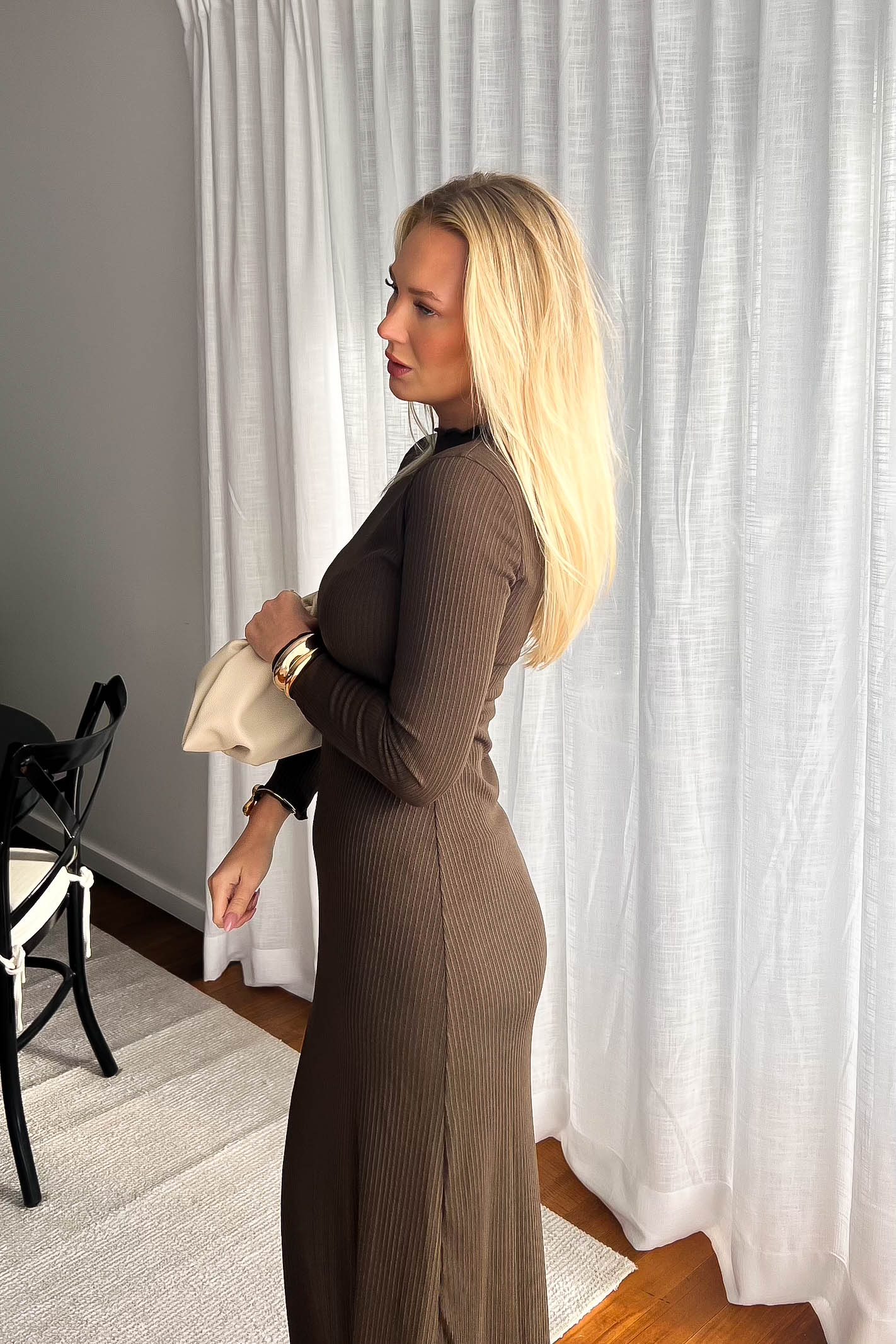 Brown Long Sleeve Ribbed Maxi Dress