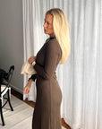 Brown Long Sleeve Ribbed Maxi Dress