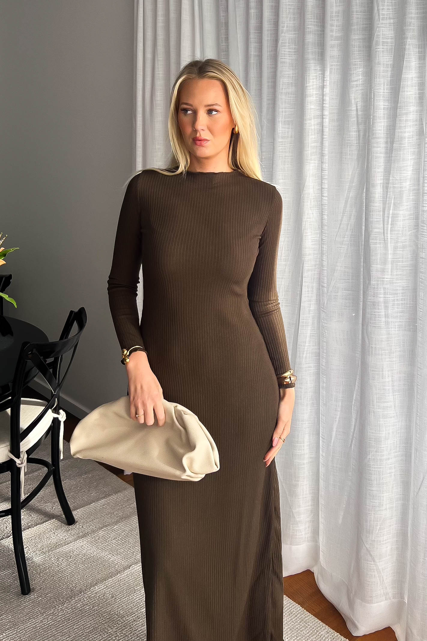 Brown Long Sleeve Ribbed Maxi Dress