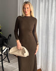 Brown Long Sleeve Ribbed Maxi Dress