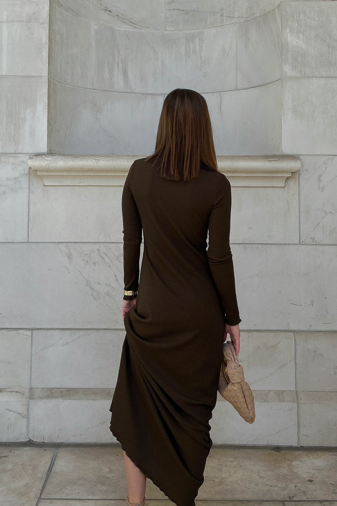 Brown Long Sleeve Ribbed Maxi Dress