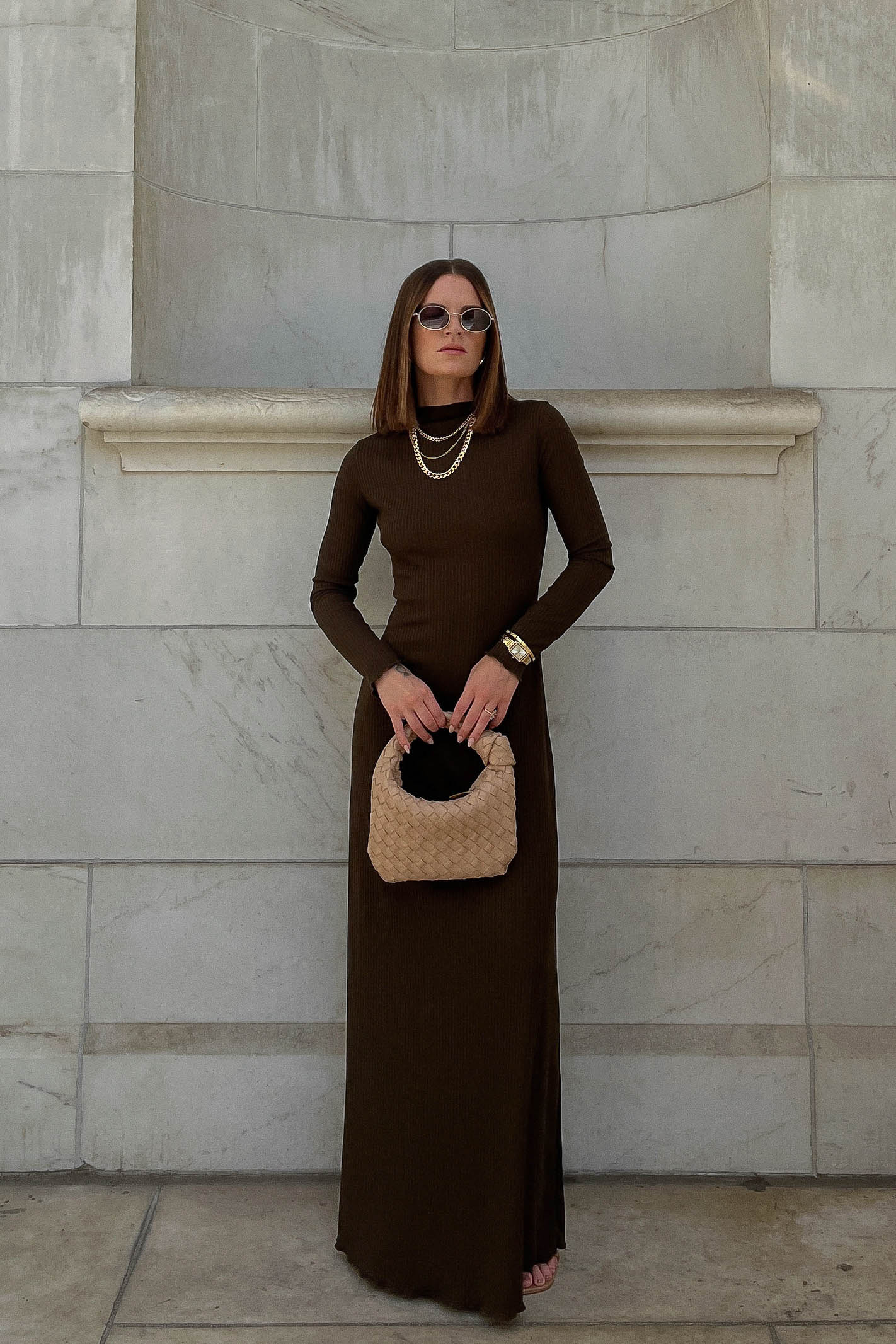 Brown Long Sleeve Ribbed Maxi Dress