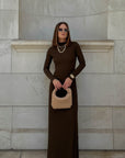 Brown Long Sleeve Ribbed Maxi Dress