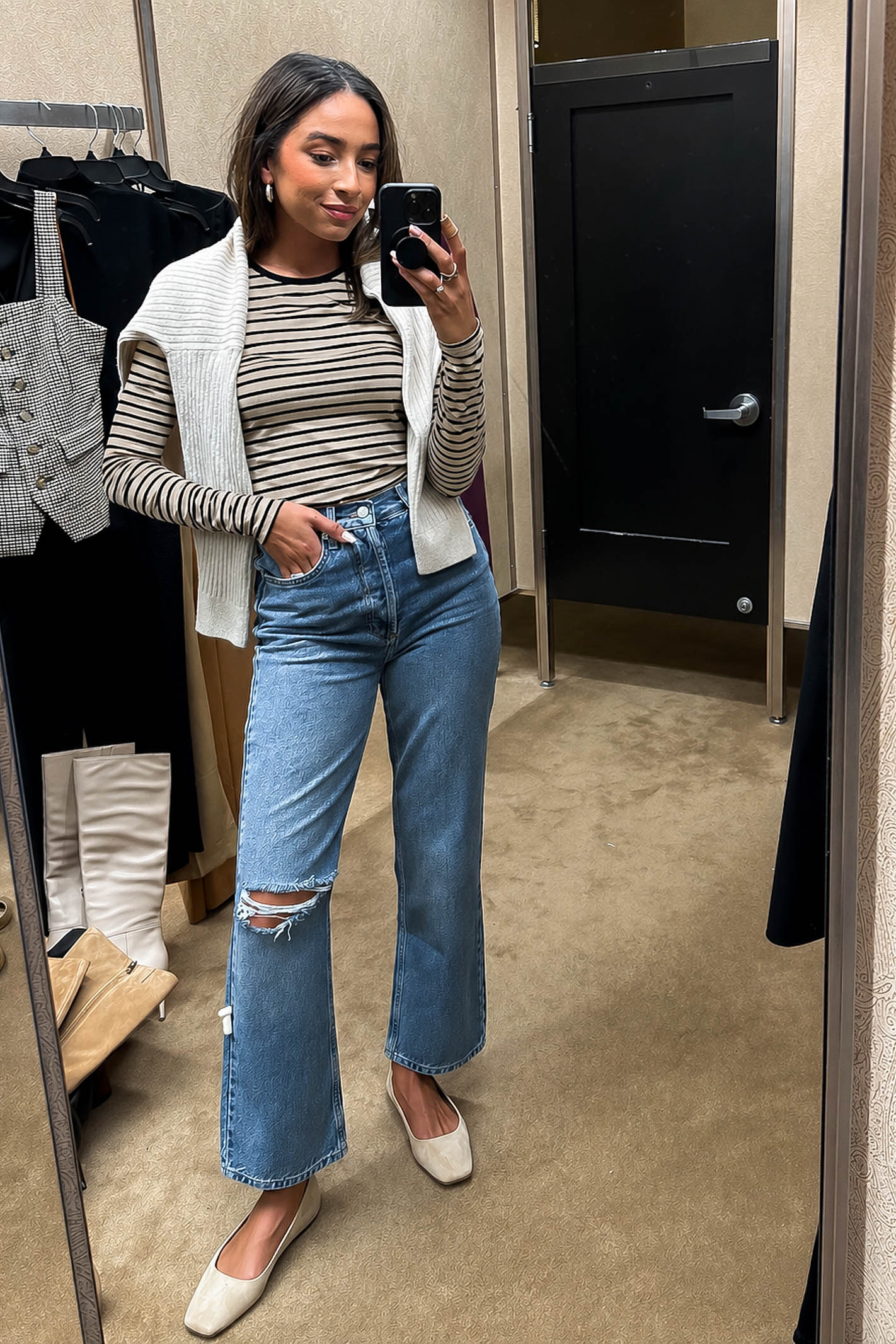 Beige and black striped top